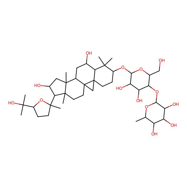 2D Structure of 2-[6-[[9,14-Dihydroxy-15-[5-(2-hydroxypropan-2-yl)-2-methyloxolan-2-yl]-7,7,12,16-tetramethyl-6-pentacyclo[9.7.0.01,3.03,8.012,16]octadecanyl]oxy]-4,5-dihydroxy-2-(hydroxymethyl)oxan-3-yl]oxy-6-methyloxane-3,4,5-triol