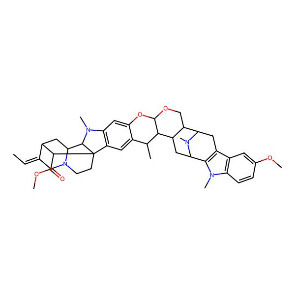 2D Structure of methyl (1S,2R,5S,11R,12S,14R,15Z,20R,24R,25R,26R,28S,40S)-15-ethylidene-34-methoxy-10,24,30,39-tetramethyl-4,6-dioxa-10,17,30,39-tetrazaundecacyclo[26.10.1.114,20.02,26.05,25.07,23.09,21.011,20.012,17.029,37.031,36]tetraconta-7,9(21),22,29(37),31(36),32,34-heptaene-40-carboxylate