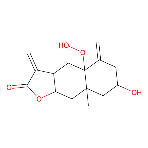 2D Structure of (3aR,4aR,7S,8aR,9aR)-4a-hydroperoxy-7-hydroxy-8a-methyl-3,5-dimethylidene-4,6,7,8,9,9a-hexahydro-3aH-benzo[f][1]benzofuran-2-one