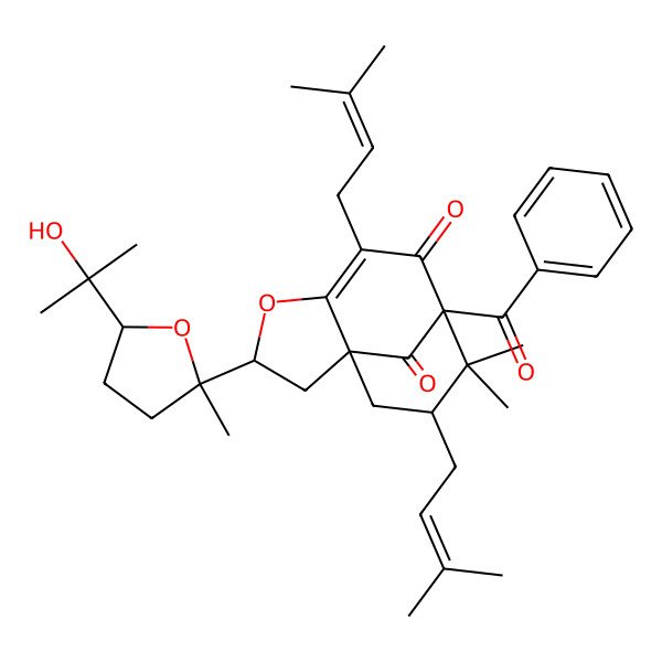 2D Structure of (1S,3S,8R,10R)-8-benzoyl-3-[(2R,5S)-5-(2-hydroxypropan-2-yl)-2-methyloxolan-2-yl]-9,9-dimethyl-6,10-bis(3-methylbut-2-enyl)-4-oxatricyclo[6.3.1.01,5]dodec-5-ene-7,12-dione