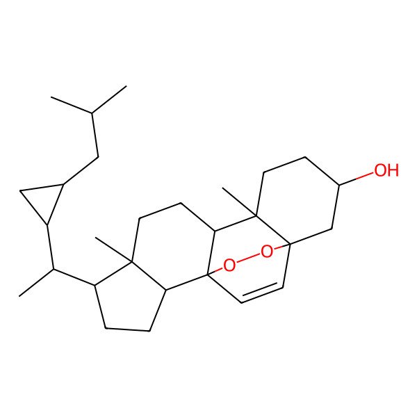 2D Structure of 6,10-Dimethyl-5-[1-[2-(2-methylpropyl)cyclopropyl]ethyl]-16,17-dioxapentacyclo[13.2.2.01,9.02,6.010,15]nonadec-18-en-13-ol
