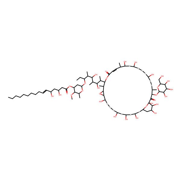 2D Structure of [6-[8-[(19E)-3,5,7,11,22,24,28,34,35,36-decahydroxy-15,21,31-trimethyl-18,33-dioxo-32-[3,4,5-trihydroxy-6-(hydroxymethyl)oxan-2-yl]oxy-13,17,38-trioxatricyclo[32.3.1.012,14]octatriacont-19-en-16-yl]-5,7-dihydroxy-4,6-dimethylnonan-3-yl]oxy-3-methoxy-2-methyloxan-4-yl] (E)-3,5-dihydroxyhexadec-6-enoate