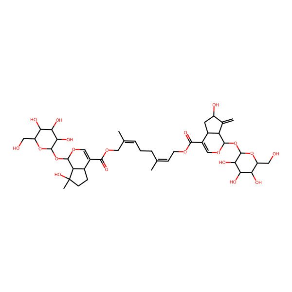 2D Structure of [8-[7-hydroxy-7-methyl-1-[3,4,5-trihydroxy-6-(hydroxymethyl)oxan-2-yl]oxy-4a,5,6,7a-tetrahydro-1H-cyclopenta[c]pyran-4-carbonyl]oxy-3,7-dimethylocta-2,6-dienyl] 6-hydroxy-7-methylidene-1-[3,4,5-trihydroxy-6-(hydroxymethyl)oxan-2-yl]oxy-4a,5,6,7a-tetrahydro-1H-cyclopenta[c]pyran-4-carboxylate