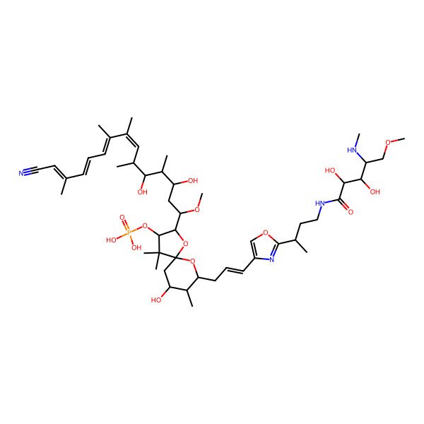 2D Structure of [2-(14-Cyano-3,5-dihydroxy-1-methoxy-4,6,8,9,13-pentamethyltetradeca-7,9,11,13-tetraenyl)-9-[3-[2-[4-[[2,3-dihydroxy-5-methoxy-4-(methylamino)pentanoyl]amino]butan-2-yl]-1,3-oxazol-4-yl]prop-2-enyl]-7-hydroxy-4,4,8-trimethyl-1,10-dioxaspiro[4.5]decan-3-yl] dihydrogen phosphate