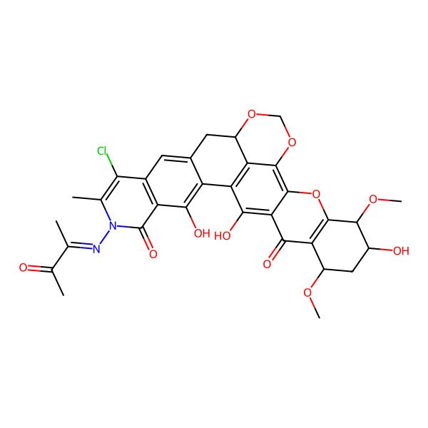 2D Structure of 8-Chloro-3,22,28-trihydroxy-21,24-dimethoxy-7-methyl-6-(3-oxobutan-2-ylideneamino)-14,16,19-trioxa-6-azaheptacyclo[15.11.1.02,11.04,9.013,29.018,27.020,25]nonacosa-1(29),2,4(9),7,10,17,20(25),27-octaene-5,26-dione