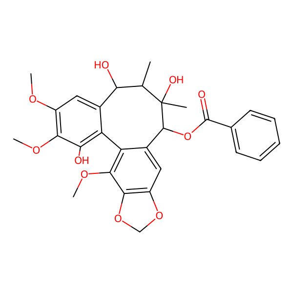 2D Structure of [(8S,9R,10S,11R)-3,8,10-trihydroxy-4,5,19-trimethoxy-9,10-dimethyl-15,17-dioxatetracyclo[10.7.0.02,7.014,18]nonadeca-1(19),2,4,6,12,14(18)-hexaen-11-yl] benzoate