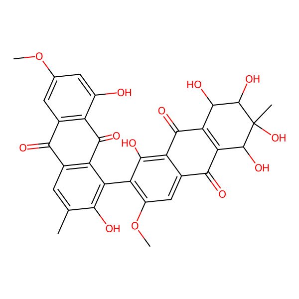 2D Structure of 2,8-dihydroxy-6-methoxy-3-methyl-1-(1,5,6,7,8-pentahydroxy-3-methoxy-6-methyl-9,10-dioxo-7,8-dihydro-5H-anthracen-2-yl)anthracene-9,10-dione