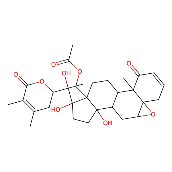 2D Structure of [(1S,2R,7S,9R,11R,12R,15S,16R)-15-[(1S)-1-[(2R)-4,5-dimethyl-6-oxo-2,3-dihydropyran-2-yl]-1-hydroxyethyl]-12,15-dihydroxy-2-methyl-3-oxo-8-oxapentacyclo[9.7.0.02,7.07,9.012,16]octadec-4-en-16-yl]methyl acetate