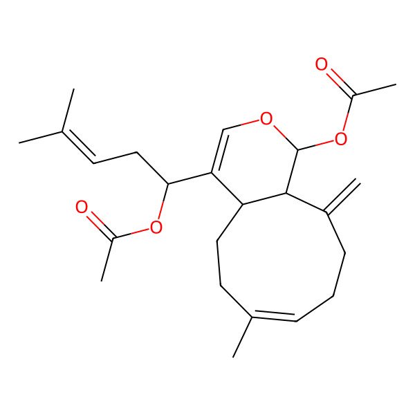 2D Structure of [(1S,4aS,7E,11aR)-4-[(1R)-1-acetyloxy-4-methylpent-3-enyl]-7-methyl-11-methylidene-4a,5,6,9,10,11a-hexahydro-1H-cyclonona[c]pyran-1-yl] acetate