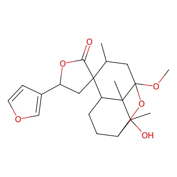 2D Structure of (1R,4S,5R,5'R,6R,8S,9S,10R)-5'-(furan-3-yl)-10-hydroxy-8-methoxy-6,9,10-trimethylspiro[11-oxatricyclo[6.2.1.04,9]undecane-5,3'-oxolane]-2'-one