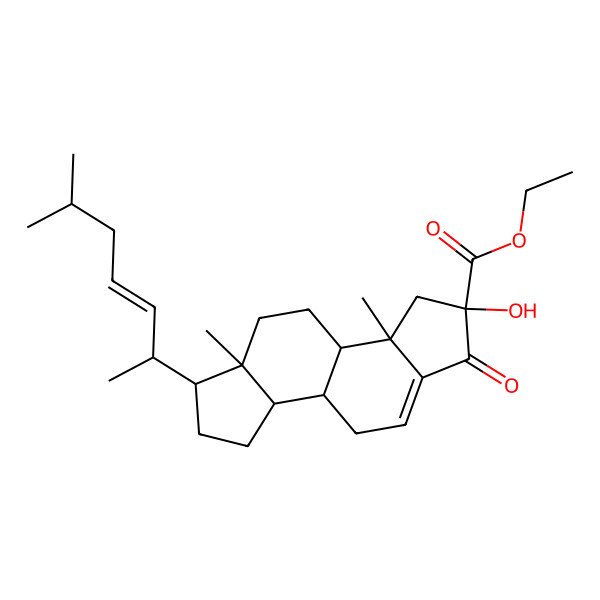 2D Structure of Ethyl 2-hydroxy-3a,5a-dimethyl-6-(6-methylhept-3-en-2-yl)-1-oxo-3,3b,4,5,6,7,8,8a,8b,9-decahydroindeno[5,4-e]indene-2-carboxylate