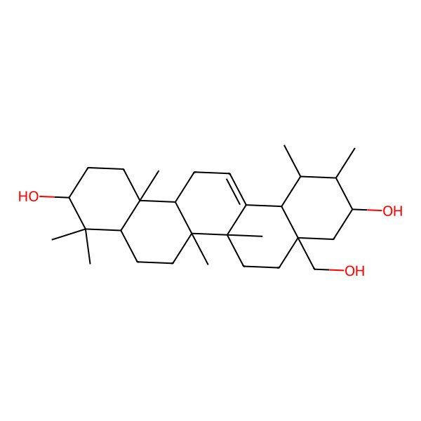 2D Structure of (1R,2S,3R,4aR,6aR,6aS,6bR,8aR,10S,12aR,14bS)-4a-(hydroxymethyl)-1,2,6a,6b,9,9,12a-heptamethyl-2,3,4,5,6,6a,7,8,8a,10,11,12,13,14b-tetradecahydro-1H-picene-3,10-diol