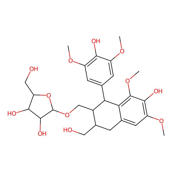 2D Structure of (2R,3R,4R,5R)-2-[[(1R,2S,3S)-7-hydroxy-1-(4-hydroxy-3,5-dimethoxyphenyl)-3-(hydroxymethyl)-6,8-dimethoxy-1,2,3,4-tetrahydronaphthalen-2-yl]methoxy]-5-(hydroxymethyl)oxolane-3,4-diol