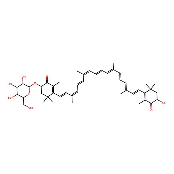 2D Structure of 6-Hydroxy-2,4,4-trimethyl-3-[3,7,12,16-tetramethyl-18-[2,6,6-trimethyl-3-oxo-4-[3,4,5-trihydroxy-6-(hydroxymethyl)oxan-2-yl]oxycyclohexen-1-yl]octadeca-1,3,5,7,9,11,13,15,17-nonaenyl]cyclohex-2-en-1-one