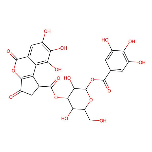 2D Structure of [(2R,3R,4S,5R,6S)-3,5-dihydroxy-2-(hydroxymethyl)-6-(3,4,5-trihydroxybenzoyl)oxyoxan-4-yl] (1S)-7,8,9-trihydroxy-3,5-dioxo-1,2-dihydrocyclopenta[c]isochromene-1-carboxylate