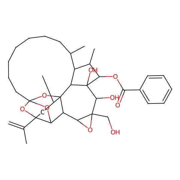 2D Structure of [(1R,2R,4R,5R,6S,7S,9R,10S,11S,12S,13S,14S,15R,23R,25R)-10,11-dihydroxy-9-(hydroxymethyl)-2,13,15-trimethyl-4-prop-1-en-2-yl-8,24,26,27-tetraoxaheptacyclo[12.10.1.14,23.15,23.01,6.07,9.011,25]heptacosan-12-yl] benzoate
