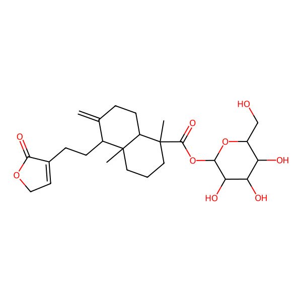 2D Structure of [(2S,3R,4S,5S,6R)-3,4,5-trihydroxy-6-(hydroxymethyl)oxan-2-yl] (1S,4aS,5R,8aS)-1,4a-dimethyl-6-methylidene-5-[2-(5-oxo-2H-furan-4-yl)ethyl]-3,4,5,7,8,8a-hexahydro-2H-naphthalene-1-carboxylate