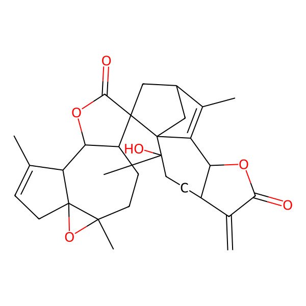 2D Structure of (1R,1'S,2'R,3S,5'S,6S,7R,9'S,10S,11R,12'R)-2'-hydroxy-2',3,11',12-tetramethyl-6'-methylidenespiro[2,9-dioxatetracyclo[9.3.0.01,3.06,10]tetradec-12-ene-7,14'-8-oxatetracyclo[10.2.1.01,10.05,9]pentadec-10-ene]-7',8-dione