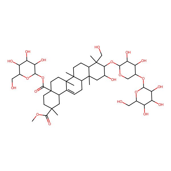 2D Structure of 2-O-methyl 4a-O-[(2S,3R,4S,5S,6R)-3,4,5-trihydroxy-6-(hydroxymethyl)oxan-2-yl] (2S,4aR,6aR,6aS,6bR,8aR,9R,10R,11S,12aR,14bS)-10-[(2S,3R,4R,5R)-3,4-dihydroxy-5-[(3R,4S,5S,6R)-3,4,5-trihydroxy-6-(hydroxymethyl)oxan-2-yl]oxyoxan-2-yl]oxy-11-hydroxy-9-(hydroxymethyl)-2,6a,6b,9,12a-pentamethyl-1,3,4,5,6,6a,7,8,8a,10,11,12,13,14b-tetradecahydropicene-2,4a-dicarboxylate