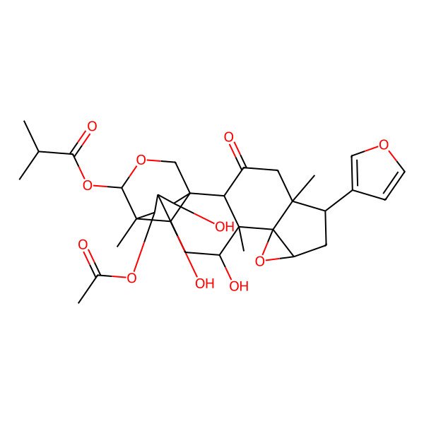 2D Structure of [21-Acetyloxy-6-(furan-3-yl)-12,19,20-trihydroxy-5,11,15-trimethyl-3-oxo-9,17-dioxahexacyclo[13.3.3.01,14.02,11.05,10.08,10]henicosan-16-yl] 2-methylpropanoate