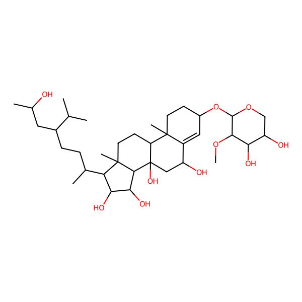 2D Structure of (3S,6R,8S,9R,10R,13R,14S,15S,16R,17R)-3-[(2S,3R,4S,5R)-4,5-dihydroxy-3-methoxyoxan-2-yl]oxy-17-[(2R,5R,7S)-7-hydroxy-5-propan-2-yloctan-2-yl]-10,13-dimethyl-1,2,3,6,7,9,11,12,14,15,16,17-dodecahydrocyclopenta[a]phenanthrene-6,8,15,16-tetrol