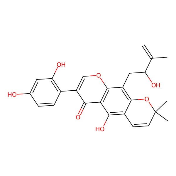 2D Structure of 7-(2,4-dihydroxyphenyl)-5-hydroxy-10-[(2R)-2-hydroxy-3-methylbut-3-enyl]-2,2-dimethylpyrano[3,2-g]chromen-6-one