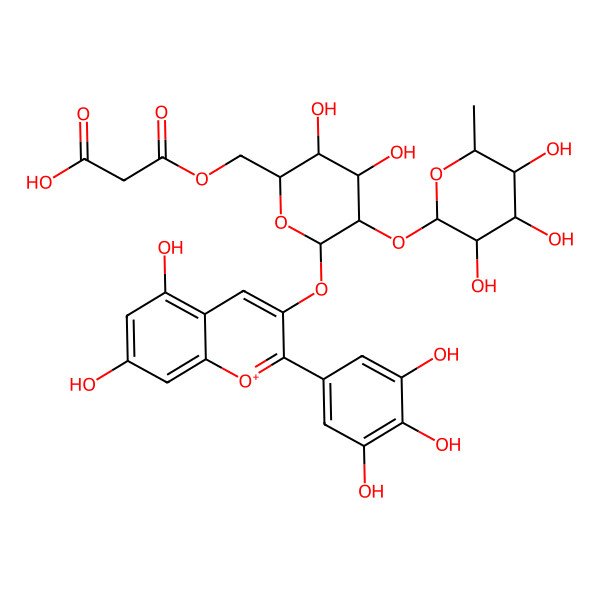 2D Structure of 3-[[(2R,3R,4S,6S)-6-[5,7-dihydroxy-2-(3,4,5-trihydroxyphenyl)chromenylium-3-yl]oxy-3,4-dihydroxy-5-[(2S,3S,4R,5R,6S)-3,4,5-trihydroxy-6-methyloxan-2-yl]oxyoxan-2-yl]methoxy]-3-oxopropanoic acid