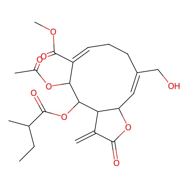 2D Structure of Methyl 5-acetyloxy-10-(hydroxymethyl)-4-(2-methylbutanoyloxy)-3-methylidene-2-oxo-3a,4,5,8,9,11a-hexahydrocyclodeca[b]furan-6-carboxylate