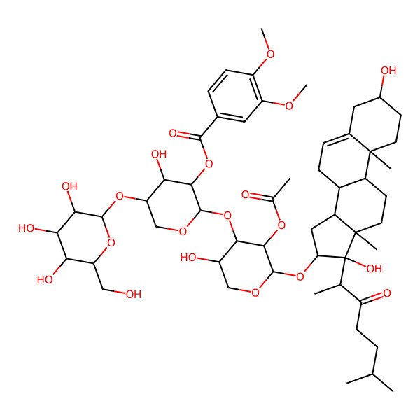 2D Structure of [(2S,3R,4S,5R)-2-[(2S,3R,4S,5S)-3-acetyloxy-2-[[(3S,8R,9S,10R,13S,14S,17S)-3,17-dihydroxy-10,13-dimethyl-17-[(2S)-6-methyl-3-oxoheptan-2-yl]-1,2,3,4,7,8,9,11,12,14,15,16-dodecahydrocyclopenta[a]phenanthren-16-yl]oxy]-5-hydroxyoxan-4-yl]oxy-4-hydroxy-5-[(3R,5S)-3,4,5-trihydroxy-6-(hydroxymethyl)oxan-2-yl]oxyoxan-3-yl] 3,4-dimethoxybenzoate