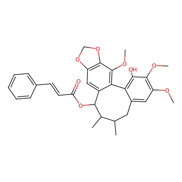 2D Structure of (3-Hydroxy-4,5,19-trimethoxy-9,10-dimethyl-15,17-dioxatetracyclo[10.7.0.02,7.014,18]nonadeca-1(19),2,4,6,12,14(18)-hexaen-11-yl) 3-phenylprop-2-enoate