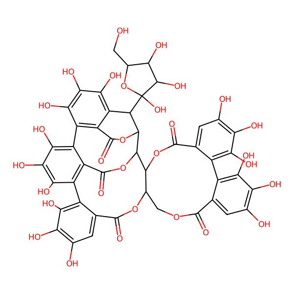 2D Structure of 7,8,9,12,13,14,25,26,27,30,31,32,35,36,37-Pentadecahydroxy-46-[2,3,4-trihydroxy-5-(hydroxymethyl)oxolan-2-yl]-3,18,21,41,43-pentaoxanonacyclo[27.13.3.138,42.02,20.05,10.011,16.023,28.033,45.034,39]hexatetraconta-5,7,9,11,13,15,23,25,27,29(45),30,32,34(39),35,37-pentadecaene-4,17,22,40,44-pentone