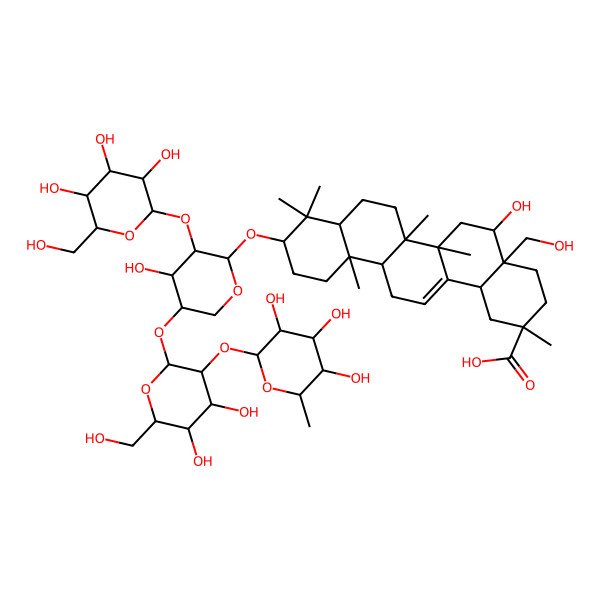 2D Structure of 10-[5-[4,5-Dihydroxy-6-(hydroxymethyl)-3-(3,4,5-trihydroxy-6-methyloxan-2-yl)oxyoxan-2-yl]oxy-4-hydroxy-3-[3,4,5-trihydroxy-6-(hydroxymethyl)oxan-2-yl]oxyoxan-2-yl]oxy-5-hydroxy-4a-(hydroxymethyl)-2,6a,6b,9,9,12a-hexamethyl-1,3,4,5,6,6a,7,8,8a,10,11,12,13,14b-tetradecahydropicene-2-carboxylic acid