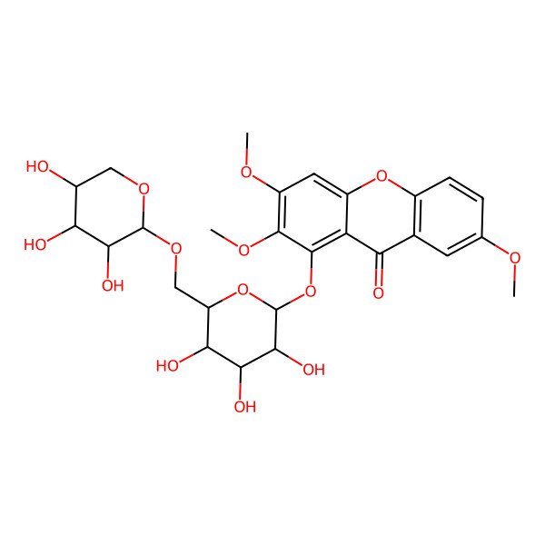2D Structure of 2,3,7-Trimethoxy-1-[3,4,5-trihydroxy-6-[(3,4,5-trihydroxyoxan-2-yl)oxymethyl]oxan-2-yl]oxyxanthen-9-one