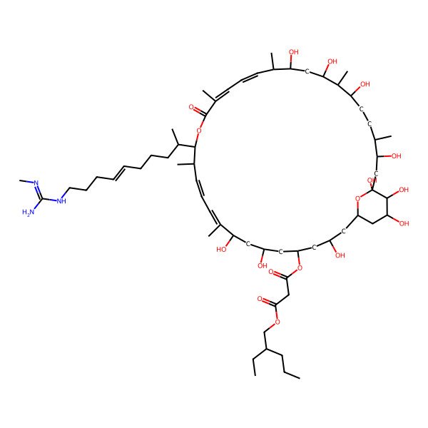 2D Structure of 3-O-[3,7,9,23,25,27,31,33,34,35-decahydroxy-10,14,18,22,26,30-hexamethyl-15-[10-[(N'-methylcarbamimidoyl)amino]dec-6-en-2-yl]-17-oxo-16,37-dioxabicyclo[31.3.1]heptatriaconta-10,12,18,20-tetraen-5-yl] 1-O-(2-ethylpentyl) propanedioate