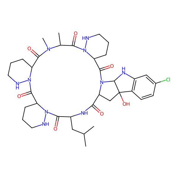 2D Structure of (3R,10S,13R,20S,27S,30S,32R,40S)-36-chloro-32-hydroxy-10,11-dimethyl-27-(2-methylpropyl)-1,7,8,11,17,18,24,25,28,39-decazaheptacyclo[28.10.0.03,8.013,18.020,25.032,40.033,38]tetraconta-33(38),34,36-triene-2,9,12,19,26,29-hexone