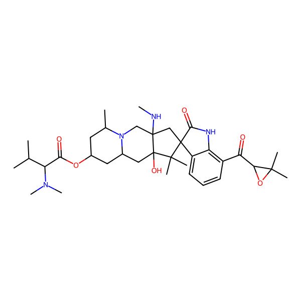 2D Structure of [(3R,3'aR,6'S,8'R,9'aR,10'aS)-7-[(2R)-3,3-dimethyloxirane-2-carbonyl]-10'a-hydroxy-1',1',6'-trimethyl-3'a-(methylamino)-2-oxospiro[1H-indole-3,2'-3,4,6,7,8,9,9a,10-octahydrocyclopenta[b]quinolizine]-8'-yl] (2S)-2-(dimethylamino)-3-methylbutanoate
