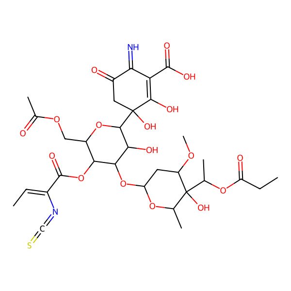 2D Structure of (3R)-3-[(2R,3R,4S,5S,6R)-6-(acetyloxymethyl)-3-hydroxy-4-[(2S,4S,5S,6R)-5-hydroxy-4-methoxy-6-methyl-5-[(1S)-1-propanoyloxyethyl]oxan-2-yl]oxy-5-[(E)-2-isothiocyanatobut-2-enoyl]oxyoxan-2-yl]-2,3-dihydroxy-6-imino-5-oxocyclohexene-1-carboxylic acid