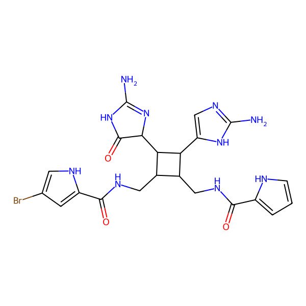 2D Structure of N-[[3-(2-amino-1H-imidazol-5-yl)-2-(2-amino-5-oxo-1,4-dihydroimidazol-4-yl)-4-[(1H-pyrrole-2-carbonylamino)methyl]cyclobutyl]methyl]-4-bromo-1H-pyrrole-2-carboxamide