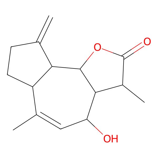 2D Structure of (3R,3aS,4S,6aR,9aR,9bS)-4-hydroxy-3,6-dimethyl-9-methylidene-3,3a,4,6a,7,8,9a,9b-octahydroazuleno[4,5-b]furan-2-one