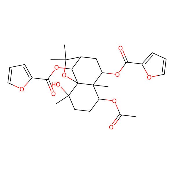 2D Structure of [5-Acetyloxy-12-(furan-2-carbonyloxy)-2-hydroxy-2,6,10,10-tetramethyl-11-oxatricyclo[7.2.1.01,6]dodecan-7-yl] furan-2-carboxylate