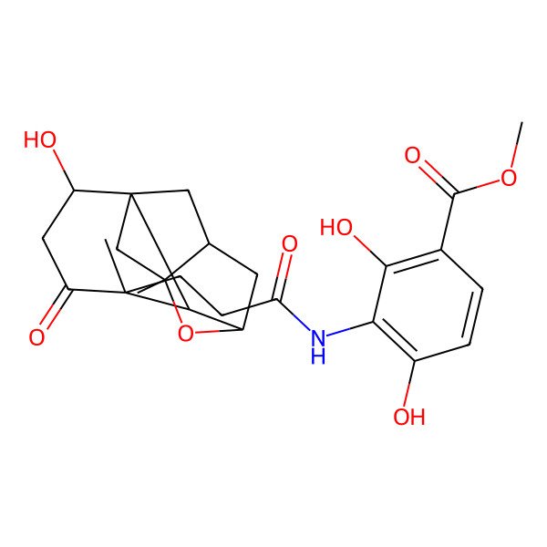 2D Structure of Methyl 2,4-dihydroxy-3-[3-(2-hydroxy-5,9-dimethyl-4-oxo-8-oxatetracyclo[7.2.1.17,10.01,6]tridecan-5-yl)propanoylamino]benzoate