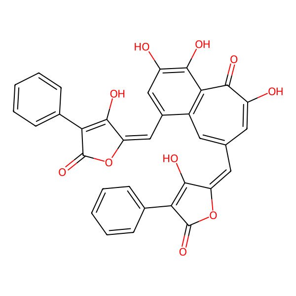 2D Structure of 4-Hydroxy-3-phenyl-5-[[3,4,6-trihydroxy-1-[(3-hydroxy-5-oxo-4-phenylfuran-2-ylidene)methyl]-5-oxobenzo[7]annulen-8-yl]methylidene]furan-2-one