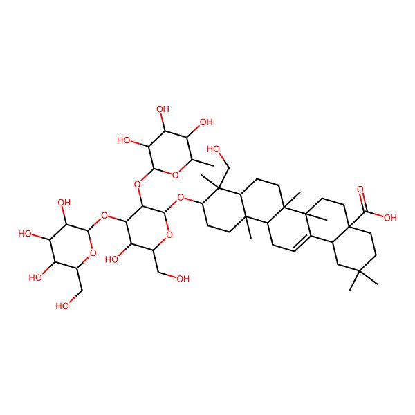 2D Structure of (4aS,6aR,6aS,6bR,8aR,9R,10S,12aR,14bS)-10-[(2R,3R,4S,5R,6R)-5-hydroxy-6-(hydroxymethyl)-4-[(2S,3R,4S,5R,6R)-3,4,5-trihydroxy-6-(hydroxymethyl)oxan-2-yl]oxy-3-[(2S,3R,4R,5R,6S)-3,4,5-trihydroxy-6-methyloxan-2-yl]oxyoxan-2-yl]oxy-9-(hydroxymethyl)-2,2,6a,6b,9,12a-hexamethyl-1,3,4,5,6,6a,7,8,8a,10,11,12,13,14b-tetradecahydropicene-4a-carboxylic acid