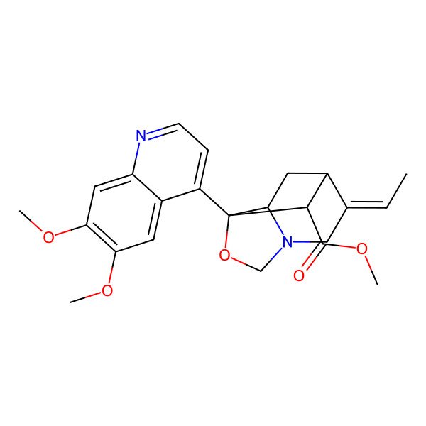 2D Structure of methyl (1R,2E,7S,8S,10S)-7-(6,7-dimethoxyquinolin-4-yl)-2-ethylidene-6-oxa-4-azatricyclo[5.2.1.04,8]decane-10-carboxylate
