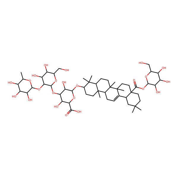 2D Structure of (2S,3S,4S,5R,6R)-6-[[(3S,4aR,6aR,6bS,8aS,12aS,14aR,14bR)-4,4,6a,6b,11,11,14b-heptamethyl-8a-[(2S,3R,4S,5S,6R)-3,4,5-trihydroxy-6-(hydroxymethyl)oxan-2-yl]oxycarbonyl-1,2,3,4a,5,6,7,8,9,10,12,12a,14,14a-tetradecahydropicen-3-yl]oxy]-4-[(2S,3R,4S,5R,6R)-4,5-dihydroxy-6-(hydroxymethyl)-3-[(2S,3R,4R,5R,6S)-3,4,5-trihydroxy-6-methyloxan-2-yl]oxyoxan-2-yl]oxy-3,5-dihydroxyoxane-2-carboxylic acid