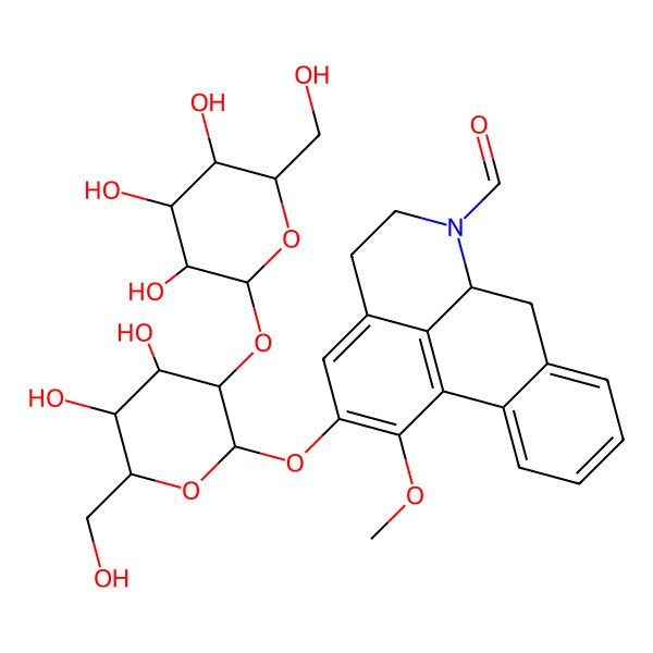 2D Structure of 2-[4,5-dihydroxy-6-(hydroxymethyl)-3-[3,4,5-trihydroxy-6-(hydroxymethyl)oxan-2-yl]oxyoxan-2-yl]oxy-1-methoxy-5,6,6a,7-tetrahydro-4H-dibenzo[de,g]quinoline-6-carbaldehyde