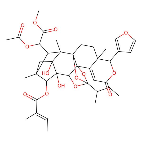 2D Structure of [(4R,5R,14R,15S,16R,19S,20R,22S)-19-[(1R)-1-acetyloxy-2-methoxy-2-oxoethyl]-12-butan-2-yl-5-(furan-3-yl)-15,16-dihydroxy-4,18,20-trimethyl-7-oxo-6,11,13,21-tetraoxaheptacyclo[10.8.1.115,18.01,10.04,9.010,14.016,20]docos-8-en-22-yl] (E)-2-methylbut-2-enoate