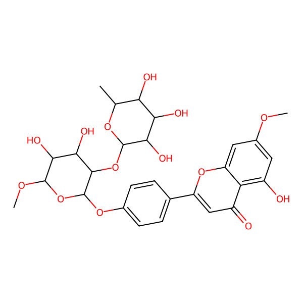 2D Structure of 2-[4-[(2S,3S,4R,5R,6R)-4,5-dihydroxy-6-methoxy-3-[(2R,3S,4S,5S,6R)-3,4,5-trihydroxy-6-methyloxan-2-yl]oxyoxan-2-yl]oxyphenyl]-5-hydroxy-7-methoxychromen-4-one