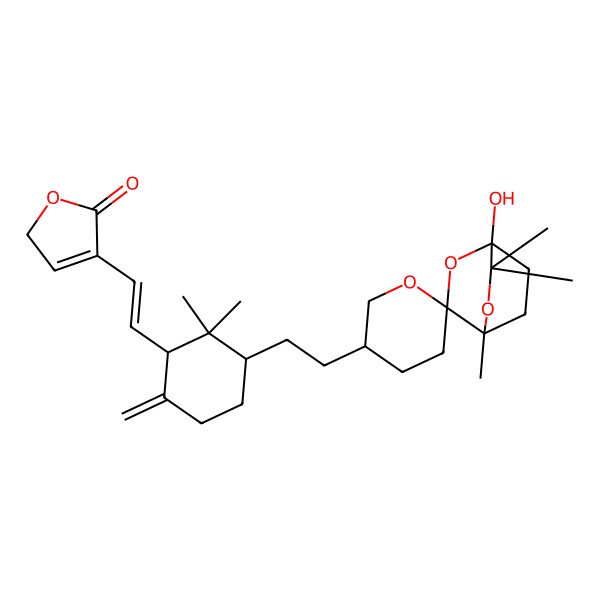 2D Structure of 4-[(E)-2-[(1S,3R)-3-[2-[(1S,3S,3'R,4S)-1-hydroxy-4,6,6-trimethylspiro[2,5-dioxabicyclo[2.2.2]octane-3,6'-oxane]-3'-yl]ethyl]-2,2-dimethyl-6-methylidenecyclohexyl]ethenyl]-2H-furan-5-one