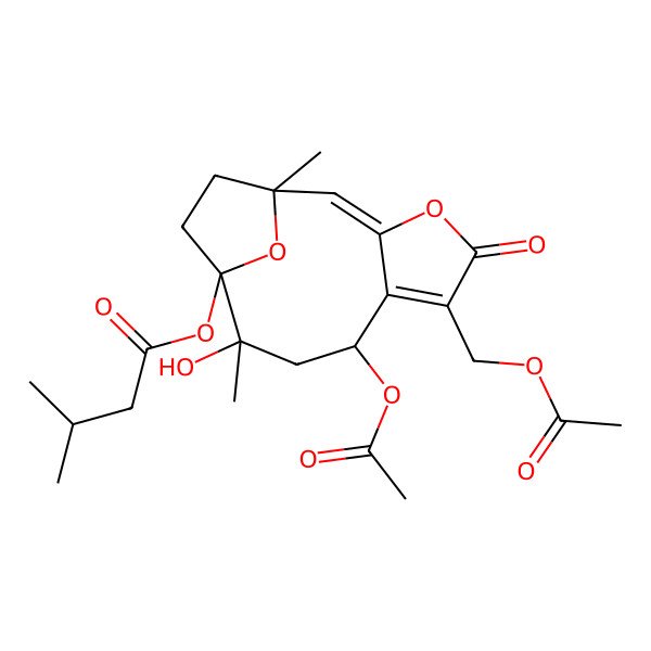 2D Structure of [(1R,2E,8S,10S,11R)-8-acetyloxy-6-(acetyloxymethyl)-10-hydroxy-1,10-dimethyl-5-oxo-4,14-dioxatricyclo[9.2.1.03,7]tetradeca-2,6-dien-11-yl] 3-methylbutanoate
